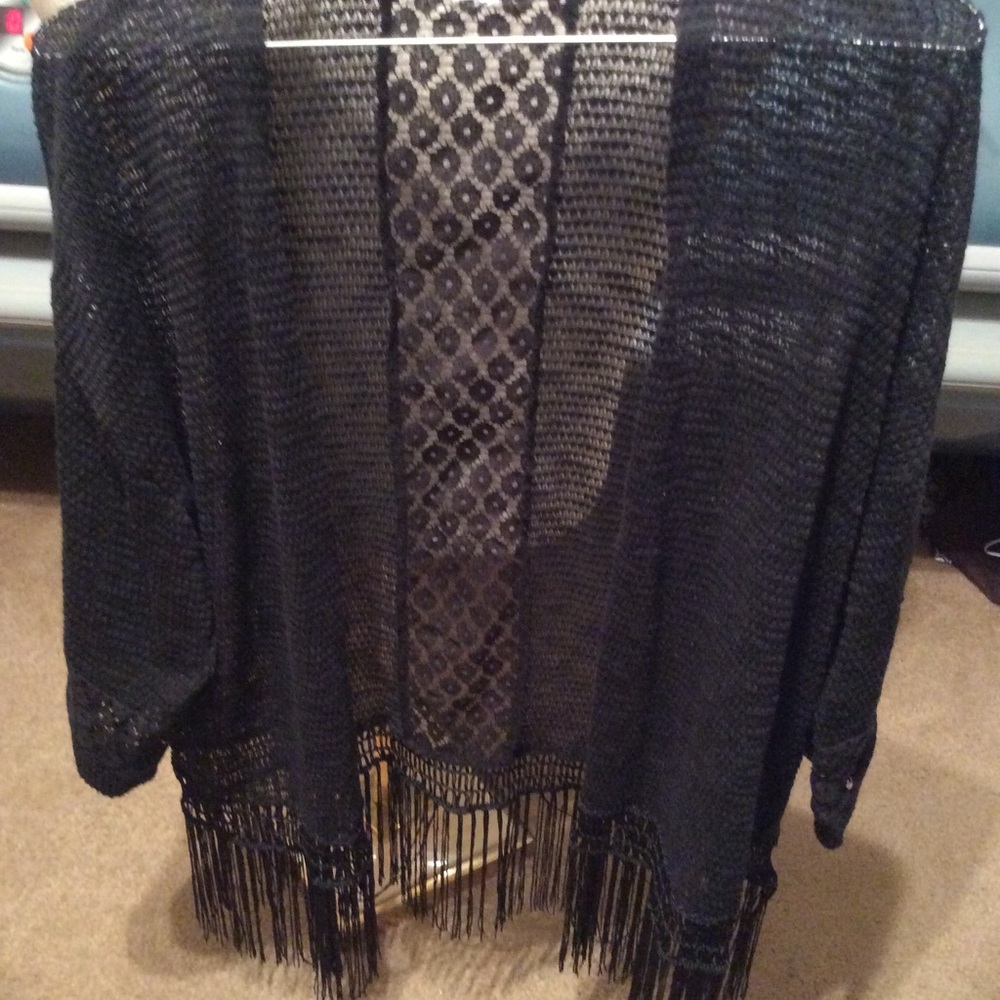Large black fringed sweater shawl